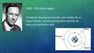 1891- 1974 físico inglés.
Chadwick, bautiza al neutrón, por medio de su
experimento en cual bombardea átomos de
boro con partículas alfa.
 