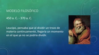 MODELO FILOSÓFICO
450 a. C. - 370 a. C.
Leucipo, pensaba que al dividir un trozo de
materia continuamente, llegaría un momento
en el que ya no se podría dividir.
 