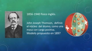 1856-1940 físico inglés.
John Joseph Thomson, definió
el núcleo del átomo, como una
masa con carga positiva.
Modelo propuesto en 1897
 