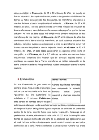 varios periodos: el Paleoceno, de 65 a 56 millones de años es donde se
fueron separando los supercontinentes producto de grandes movimientos de
tierras. Al haber desaparecido los dinosaurios, los mamíferos empezaron a
dominar la tierra y fueron adaptándose al ambiente ; el Eoceno, de 55 a 38
millones de años, en este periodo donde se ve más reflejado la evolución de
los mamíferos como ejemplo los mamíferos eran más pequeños que las formas
actuales. Al final de esta época fue testigo de la primera adaptación de los
mamíferos a la vida marina.; el Oligoceno, de 37 a 24 millones de años, los
dominantes de la tierra eran los mamíferos, en cual podemos encontrar los
caballos, camellos, ovejas sus antecesores y entre los primates los lémur y el
trasero que son los primeros monos viejos del mundo; el Mioceno, de 23 a 6
millones de    años, en esta época aparecieron los grandes simios como el
orangután; y el Plioceno, de 5 a 1,7 millones de años, en esta era hubo
movimientos tectónicos que hicieron que se elevaran algunas sierras y
cordilleras de nuestra tierra. Ya los mamíferos se habían establecido en la
tierra, también es esta era fue apareciendo nuestro antepasado directo el Homo
sapiens.




       Era Neoceno                         Homo sapiens:

La era Cuaternario la gran conocida Género de primates homínidos
como la era de hielo, donde el fenómeno que      comprende la especie
natural que es importante en la tierra los humana      actual     (Homo
“glaciares”.   La   era   cuaternario   se sapiens) y diversas especies
subdivide en 2 periodos: Pleistoceno fósiles.
este periodo es llamado así por la gran
extensión de glaciares en la superficie terrestre también a medida que pasaba
el tiempo se fueron extinguieron algunas especies de animales en diferentes
partes de la tierra, además había una buena vegetación. Holoceno es el
periodo más reciente, que comenzó hace unos 10.000 años. Incluso para este
tiempo se estaban derritiendo una parte de los glaciares que ocasionaron que
el nivel del mar subiera drásticamente ocasionando inundaciones en varios
continentes de la tierra. Para ese entonces la única especie humana viva era la
 