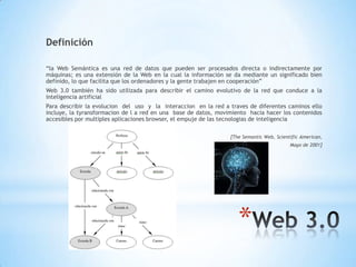 *
Definición
“la Web Semántica es una red de datos que pueden ser procesados directa o indirectamente por
máquinas; es una extensión de la Web en la cual la información se da mediante un significado bien
definido, lo que facilita que los ordenadores y la gente trabajen en cooperación”
Web 3.0 también ha sido utilizada para describir el camino evolutivo de la red que conduce a la
inteligencia artificial
Para describir la evolucion del uso y la interaccion en la red a traves de diferentes caminos ello
incluye, la tyransformacion de l a red en una base de datos, movimiento hacia hacer los contenidos
accesibles por multiples aplicaciones browser, el empuje de las tecnologias de inteligencia
[The Semantic Web, Scientific American,
Mayo de 2001]
 
