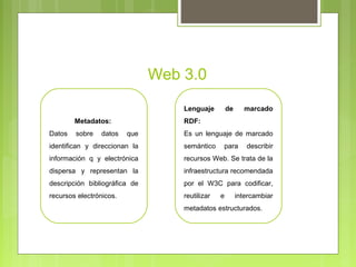 Web 3.0
Metadatos:
Datos sobre datos que
identifican y direccionan la
información q y electrónica
dispersa y representan la
descripción bibliográfica de
recursos electrónicos.
Lenguaje de marcado
RDF:
Es un lenguaje de marcado
semántico para describir
recursos Web. Se trata de la
infraestructura recomendada
por el W3C para codificar,
reutilizar e intercambiar
metadatos estructurados.
 