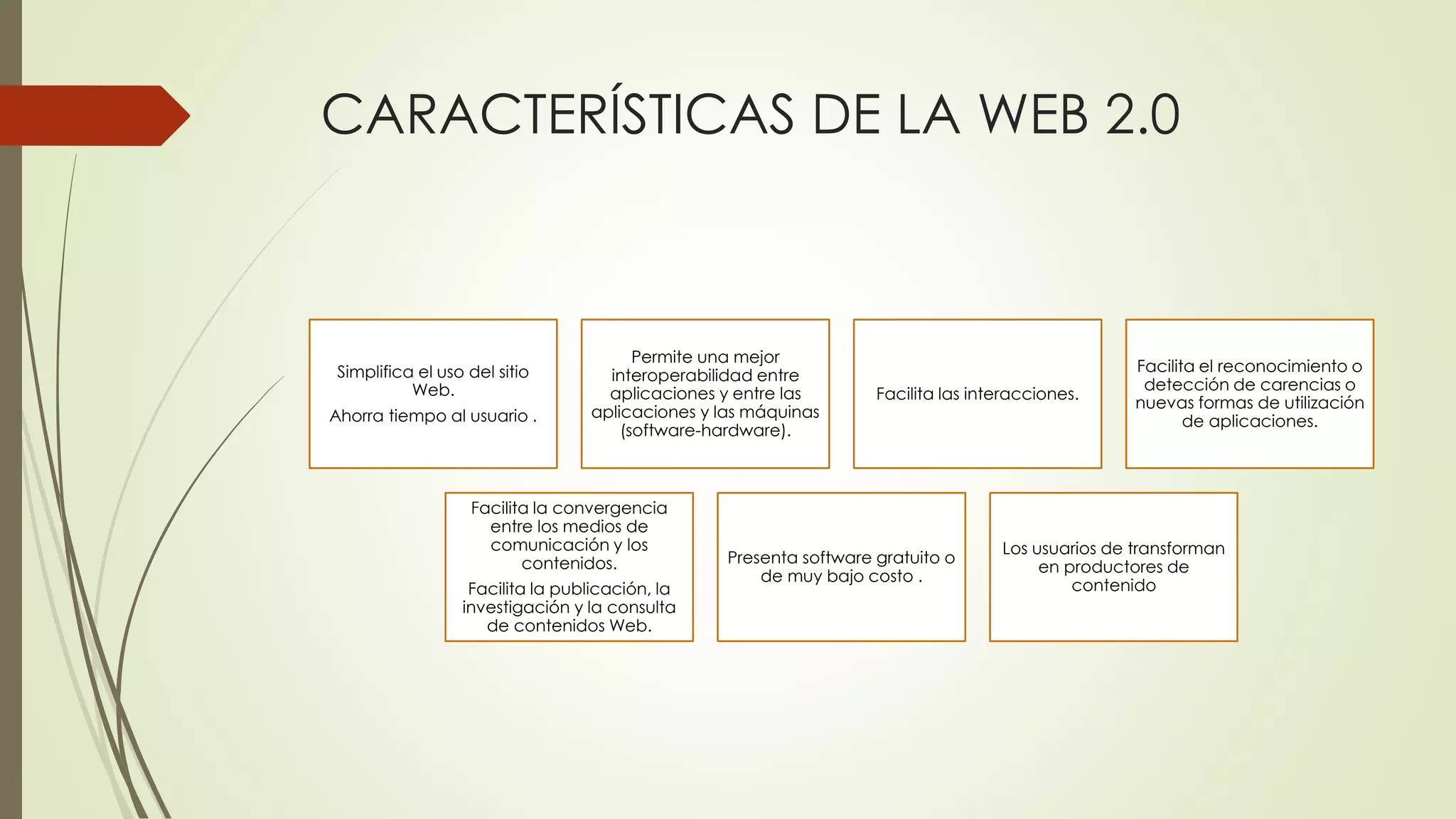 CARACTERÍSTICAS DE LA WEB 2.0
Simplifica el uso del sitio
Web.
Ahorra tiempo al usuario .
Permite una mejor
interoperabilidad entre
aplicaciones y entre las
aplicaciones y las máquinas
(software-hardware).
Facilita las interacciones.
Facilita el reconocimiento o
detección de carencias o
nuevas formas de utilización
de aplicaciones.
Facilita la convergencia
entre los medios de
comunicación y los
contenidos.
Facilita la publicación, la
investigación y la consulta
de contenidos Web.
Presenta software gratuito o
de muy bajo costo .
Los usuarios de transforman
en productores de
contenido
 