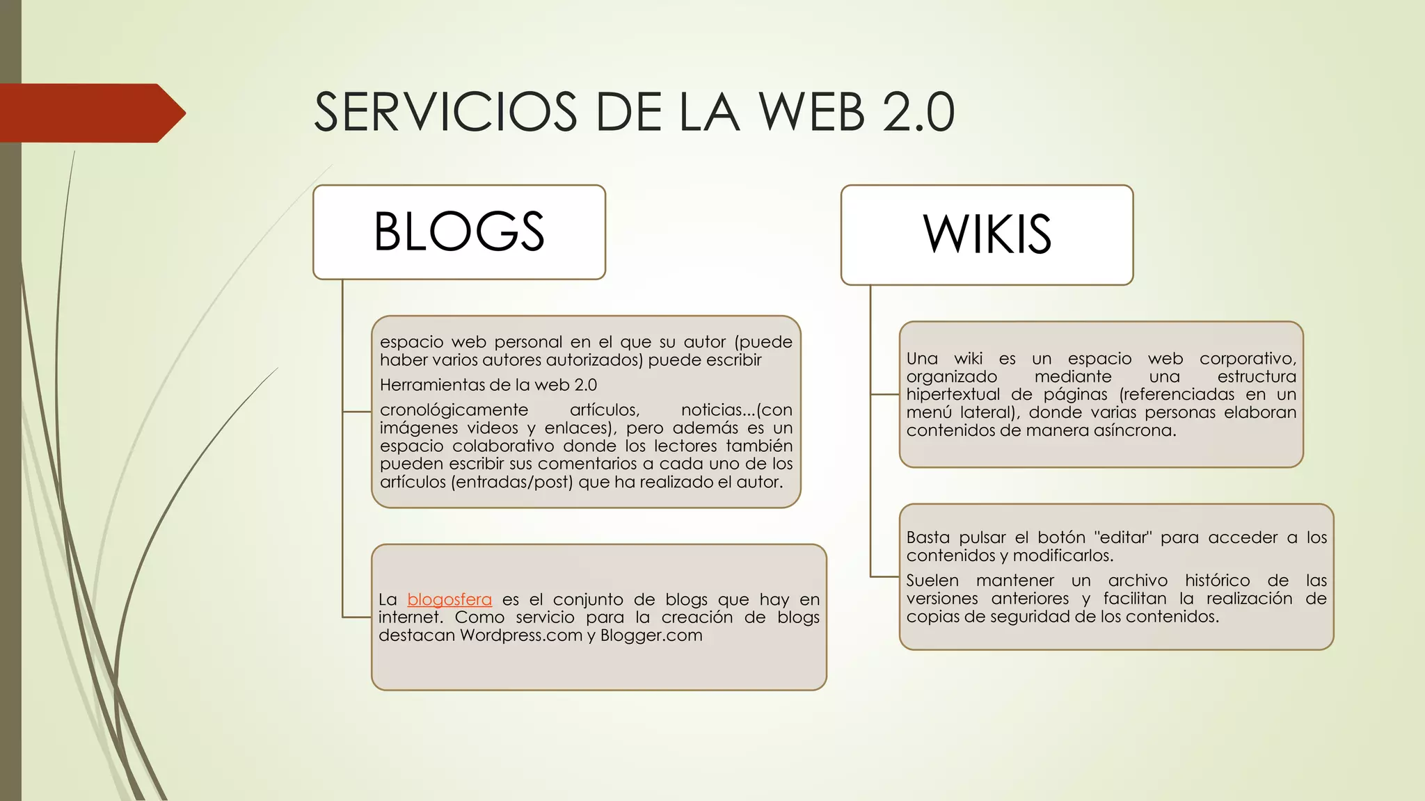 SERVICIOS DE LA WEB 2.0
BLOGS
espacio web personal en el que su autor (puede
haber varios autores autorizados) puede escribir
Herramientas de la web 2.0
cronológicamente artículos, noticias...(con
imágenes videos y enlaces), pero además es un
espacio colaborativo donde los lectores también
pueden escribir sus comentarios a cada uno de los
artículos (entradas/post) que ha realizado el autor.
La blogosfera es el conjunto de blogs que hay en
internet. Como servicio para la creación de blogs
destacan Wordpress.com y Blogger.com
WIKIS
Una wiki es un espacio web corporativo,
organizado mediante una estructura
hipertextual de páginas (referenciadas en un
menú lateral), donde varias personas elaboran
contenidos de manera asíncrona.
Basta pulsar el botón "editar" para acceder a los
contenidos y modificarlos.
Suelen mantener un archivo histórico de las
versiones anteriores y facilitan la realización de
copias de seguridad de los contenidos.
 
