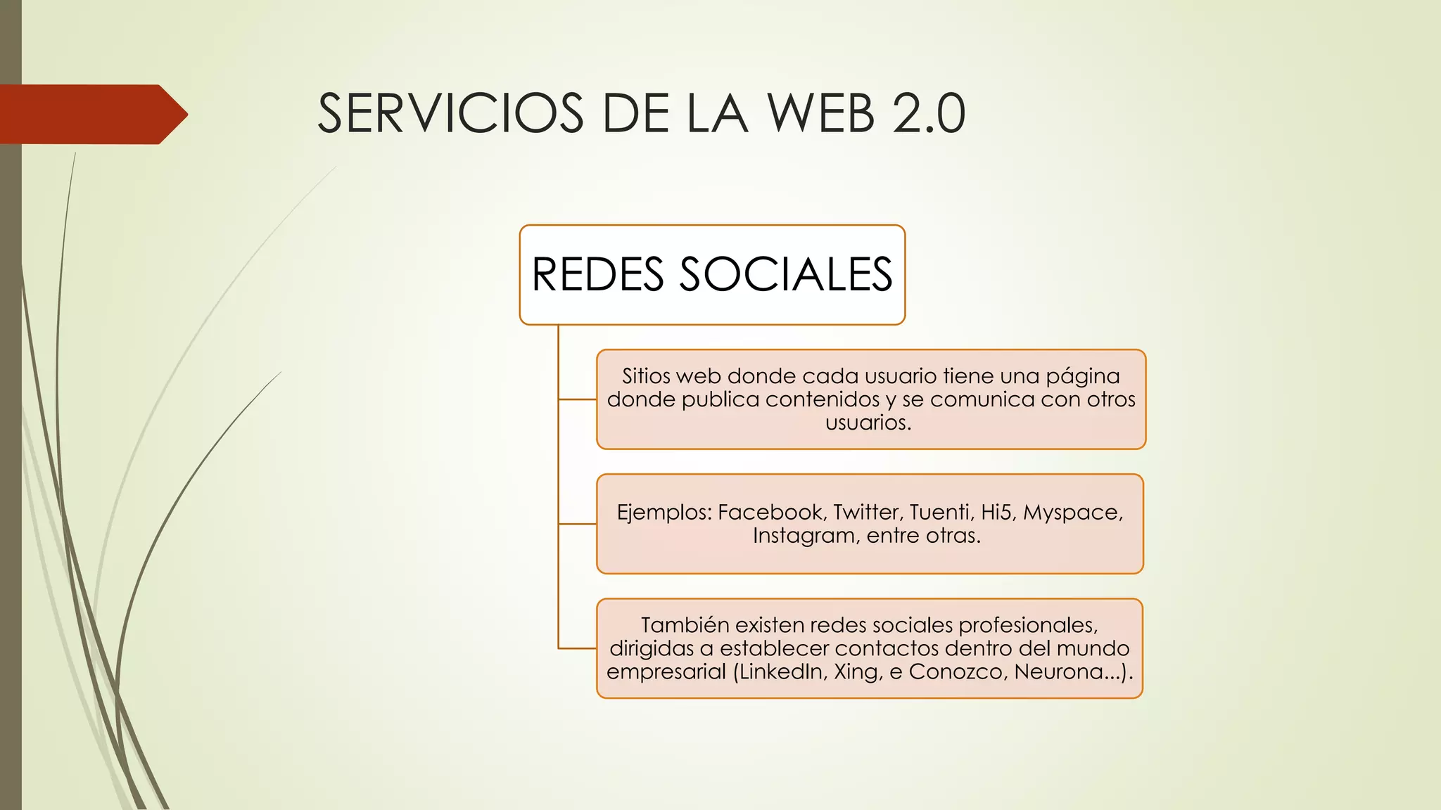 SERVICIOS DE LA WEB 2.0
REDES SOCIALES
Sitios web donde cada usuario tiene una página
donde publica contenidos y se comunica con otros
usuarios.
Ejemplos: Facebook, Twitter, Tuenti, Hi5, Myspace,
Instagram, entre otras.
También existen redes sociales profesionales,
dirigidas a establecer contactos dentro del mundo
empresarial (LinkedIn, Xing, e Conozco, Neurona...).
 