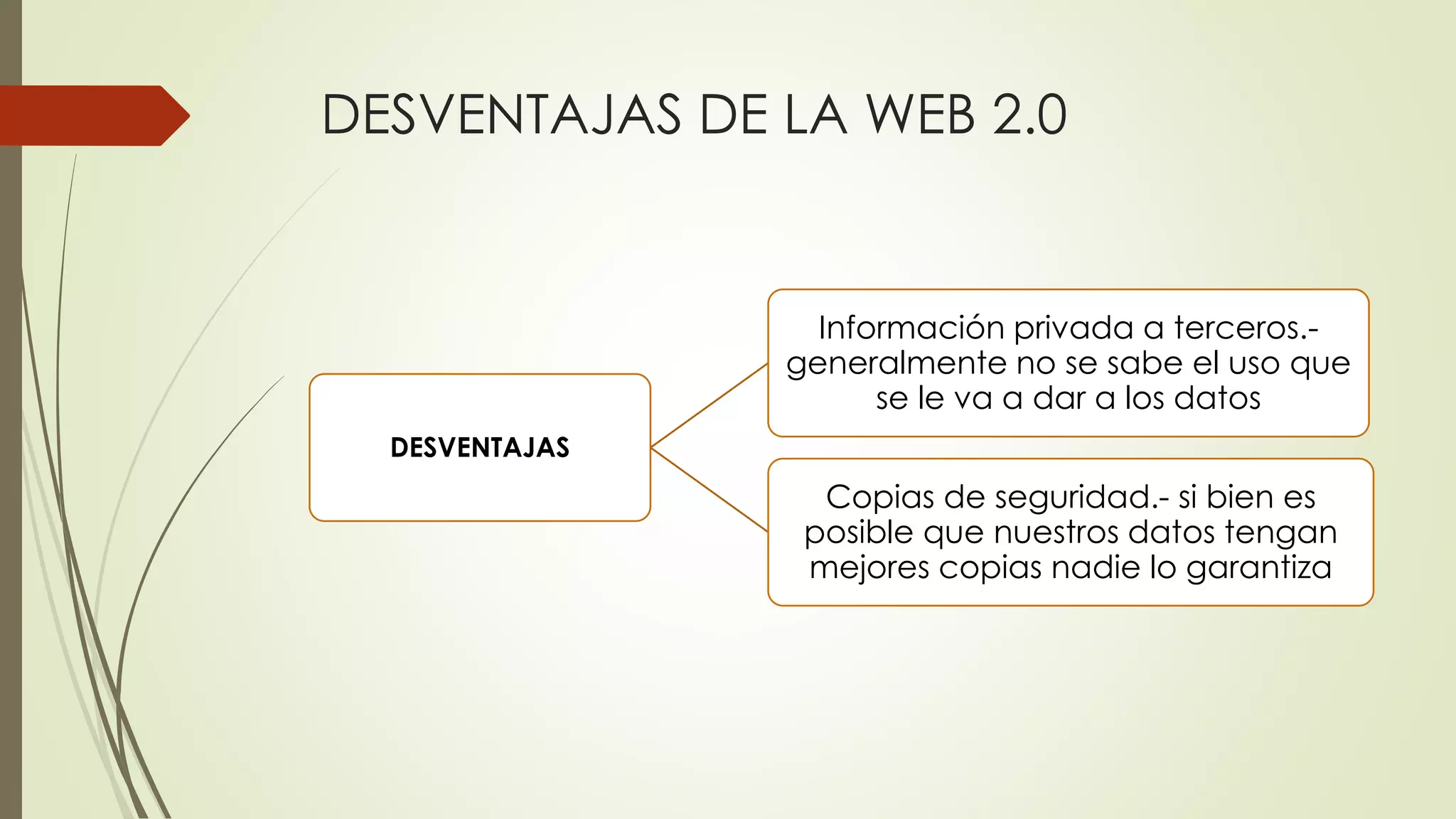 DESVENTAJAS DE LA WEB 2.0
DESVENTAJAS
Información privada a terceros.-
generalmente no se sabe el uso que
se le va a dar a los datos
Copias de seguridad.- si bien es
posible que nuestros datos tengan
mejores copias nadie lo garantiza
 