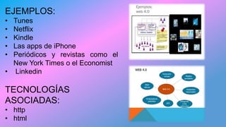 EJEMPLOS:
• Tunes
• Netflix
• Kindle
• Las apps de iPhone
• Periódicos y revistas como el
New York Times o el Economist
• Linkedin
TECNOLOGÍAS
ASOCIADAS:
• http
• html
 