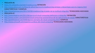 • PREGUNTA #6:
• https://es.wikipedia.org/wiki/Crowdsourcing DEFINICIÓN
• http://www.adivor.com.mx/blog-de-adivor/que-es-el-crowdsourcing-ventajas-y-desventajas-para-tu-negocio.html
CARACTERÍSTICAS Y EJEMPLOS
• http://wwwhatsnew.com/2011/10/28/crowdsourcing-el-poder-de-la-multitud-infografia/ TECNOLOGÍAS ASOCIADAS
• PREGUNTA #7:
• http://www.blogtrw.com/2012/06/que-es-el-cloud-computing-definicion-e-infografia/ DEFINICIÓN
• http://www.societic.com/2010/03/cloud-computing-caracteristicas-de-las-aplicaciones-en-cloud/ CARACTERÍSTICAS
• http://geektheplanet.net/3568/algunos-ejemplos-de-cloud-computing.xhtml EJEMPLOS
• http://www.comusoft.com/aspectos-juridicos-del-cloud-computing TECNOLOGÍAS ASOCIADAS
 