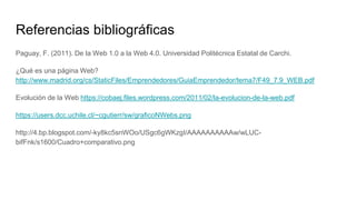 Referencias bibliográficas
Paguay, F. (2011). De la Web 1.0 a la Web 4.0. Universidad Politécnica Estatal de Carchi.
¿Qué es una página Web?
http://www.madrid.org/cs/StaticFiles/Emprendedores/GuiaEmprendedor/tema7/F49_7.9_WEB.pdf
Evolución de la Web https://cobaej.files.wordpress.com/2011/02/la-evolucion-de-la-web.pdf
https://users.dcc.uchile.cl/~cgutierr/sw/graficoNWebs.png
http://4.bp.blogspot.com/-ky8kc5snWOo/USgc6gWKzgI/AAAAAAAAAAw/wLUC-
bifFnk/s1600/Cuadro+comparativo.png
 