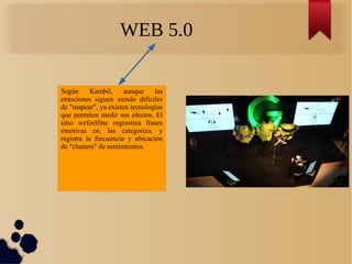 WEB 5.0
Según Kambil, aunque las
emociones siguen siendo difíciles
de "mapear", ya existen tecnologías
que permiten medir sus efectos. El
sitio wefeelfine orgrastrea frases
emotivas en, las categoriza, y
registra la frecuencia y ubicación
de "clusters" de sentimientos.
 