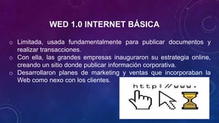 WED 1.0 INTERNET BÁSICA
o Limitada, usada fundamentalmente para publicar documentos y
realizar transacciones.
o Con ella, ...