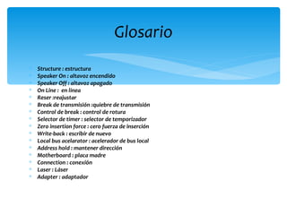 Glosario
∗   Structure : estructura
∗   Speaker On : altavoz encendido
∗   Speaker Off : altavoz apagado
∗   On Line : en línea
∗   Reser :reajustar
∗   Break de transmisión :quiebre de transmisión
∗   Control de break : control de rotura
∗   Selector de timer : selector de temporizador
∗   Zero insertion force : cero fuerza de inserción
∗   Write-back : escribir de nuevo
∗   Local bus acelarator : acelerador de bus local
∗   Address hold : mantener dirección
∗   Motherboard : placa madre
∗   Connection : conexión
∗   Laser : Láser
∗   Adapter : adaptador
 