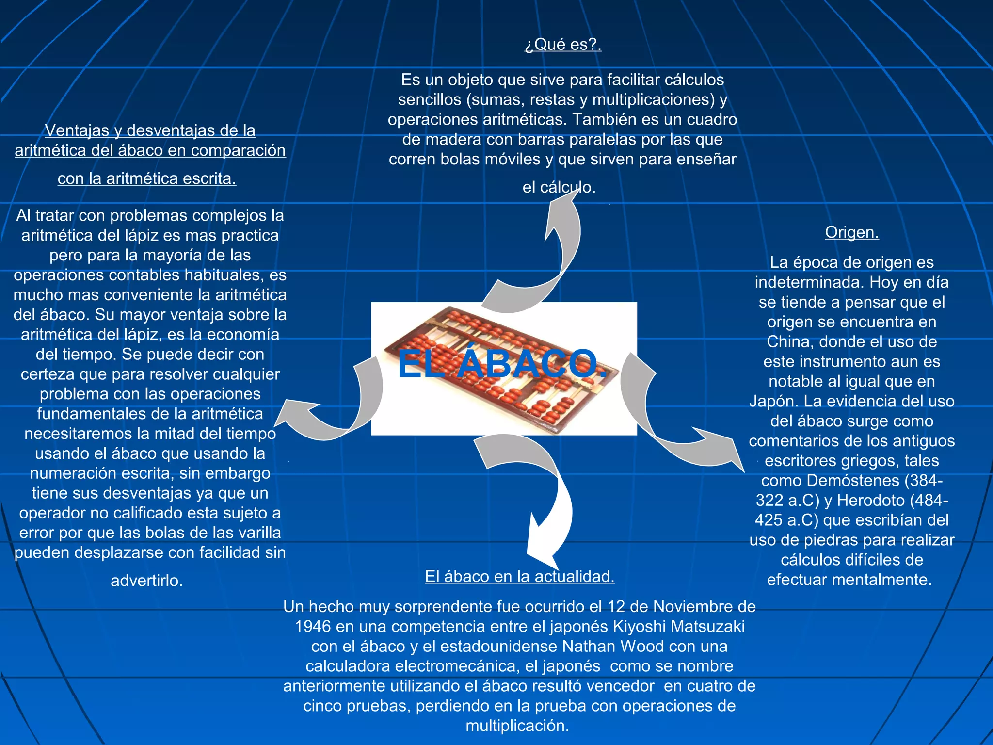 ¿Qué es?.

                                                    Es un objeto que sirve para facilitar cálculos
                                                    sencillos (sumas, restas y multiplicaciones) y
                                                   operaciones aritméticas. También es un cuadro
     Ventajas y desventajas de la
                                                     de madera con barras paralelas por las que
aritmética del ábaco en comparación
                                                   corren bolas móviles y que sirven para enseñar
      con la aritmética escrita.
                                                                     el cálculo.
Al tratar con problemas complejos la
 aritmética del lápiz es mas practica                                                                          Origen.
      pero para la mayoría de las                                                                        La época de origen es
operaciones contables habituales, es                                                                  indeterminada. Hoy en día
mucho mas conveniente la aritmética                                                                    se tiende a pensar que el
del ábaco. Su mayor ventaja sobre la                                                                    origen se encuentra en
 aritmética del lápiz, es la economía                                                                   China, donde el uso de
    del tiempo. Se puede decir con
 certeza que para resolver cualquier                 EL ÁBACO.                                          este instrumento aun es
                                                                                                         notable al igual que en
     problema con las operaciones                                                                    Japón. La evidencia del uso
    fundamentales de la aritmética                                                                       del ábaco surge como
  necesitaremos la mitad del tiempo                                                                  comentarios de los antiguos
    usando el ábaco que usando la                                                                       escritores griegos, tales
   numeración escrita, sin embargo                                                                     como Demóstenes (384-
   tiene sus desventajas ya que un                                                                    322 a.C) y Herodoto (484-
 operador no calificado esta sujeto a                                                                 425 a.C) que escribían del
 error por que las bolas de las varilla                                                              uso de piedras para realizar
pueden desplazarse con facilidad sin                                                                      cálculos difíciles de
             advertirlo.                                El ábaco en la actualidad.                      efectuar mentalmente.
                                      Un hecho muy sorprendente fue ocurrido el 12 de Noviembre de
                                       1946 en una competencia entre el japonés Kiyoshi Matsuzaki
                                          con el ábaco y el estadounidense Nathan Wood con una
                                         calculadora electromecánica, el japonés como se nombre
                                      anteriormente utilizando el ábaco resultó vencedor en cuatro de
                                        cinco pruebas, perdiendo en la prueba con operaciones de
                                                               multiplicación.
 