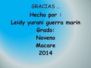 GRACIAS …

Hecho por :
Leidy yurani guerra marin
Grado:
Noveno
Macare
2014

 