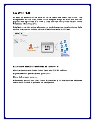 La Web 1.0
La Web 1.0 empezó en los años 60, de la forma más básica que existe, con
navegadores de sólo texto, como ELISA, después surgió el HTML que hizo las
páginas más agradables a la vista y a los primeros navegadores visuales como
Netscape e Internet Explorer.
Esta Web es de sólo lectura, el usuario no puede interactuar con el contenido de la
página, se encuentra limitada a lo que el Webmaster sube al sitio Web.
Estructura del funcionamiento de la Web 1.0
Algunos elementos de diseño típicos de un sitio Web 1.0 incluyen:
Páginas estáticas para el usuario que la visita
El uso de framesets o marcos
Extensiones propias del HTML como el parpadeo y las marquesinas, etiquetas
introducidas durante la guerra de los navegadores.
 