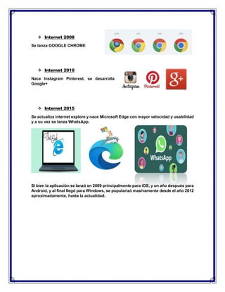  Internet 2008
Se lanza GOOGLE CHROME
 Internet 2010
Nace Instagram Pinterest, se desarrolla
Google+
 Internet 2015
Se actualiza internet explore y nace Microsoft Edge con mayor velocidad y usabilidad
y a su vez se lanza WhatsApp.
Si bien la aplicación se lanzó en 2009 principalmente para iOS, y un año después para
Android, y al final llegó para Windows, se popularizó masivamente desde el año 2012
aproximadamente, hasta la actualidad.
 
