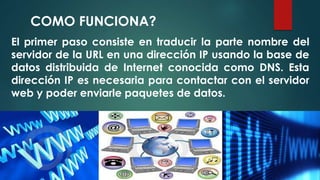 COMO FUNCIONA? 
El primer paso consiste en traducir la parte nombre del 
servidor de la URL en una dirección IP usando la base de 
datos distribuida de Internet conocida como DNS. Esta 
dirección IP es necesaria para contactar con el servidor 
web y poder enviarle paquetes de datos. 
 