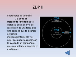 ZDP II
En palabras de Vigotski:
       ...la Zona de
Desarrollo Potencial es la
distancia entre el nivel de
resolución de una tarea que
una persona puede alcanzar
actuando
independientemente y el
nivel que puede alcanzar con
la ayuda de un compañero
más competente o experto en
esa tarea....
 