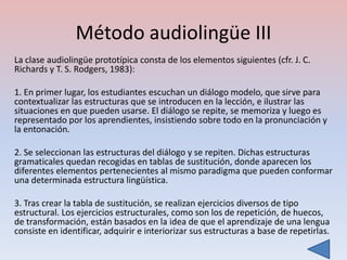 Método audiolingüe III
La clase audiolingüe prototípica consta de los elementos siguientes (cfr. J. C.
Richards y T. S. Rodgers, 1983):

1. En primer lugar, los estudiantes escuchan un diálogo modelo, que sirve para
contextualizar las estructuras que se introducen en la lección, e ilustrar las
situaciones en que pueden usarse. El diálogo se repite, se memoriza y luego es
representado por los aprendientes, insistiendo sobre todo en la pronunciación y
la entonación.

2. Se seleccionan las estructuras del diálogo y se repiten. Dichas estructuras
gramaticales quedan recogidas en tablas de sustitución, donde aparecen los
diferentes elementos pertenecientes al mismo paradigma que pueden conformar
una determinada estructura lingüística.

3. Tras crear la tabla de sustitución, se realizan ejercicios diversos de tipo
estructural. Los ejercicios estructurales, como son los de repetición, de huecos,
de transformación, están basados en la idea de que el aprendizaje de una lengua
consiste en identificar, adquirir e interiorizar sus estructuras a base de repetirlas.
 
