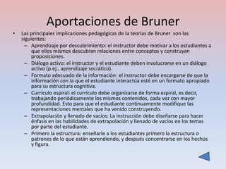 Aportaciones de Bruner
•   Las principales implicaciones pedagógicas de la teorías de Bruner son las
    siguientes:
     – Aprendizaje por descubrimiento: el instructor debe motivar a los estudiantes a
         que ellos mismos descubran relaciones entre conceptos y construyan
         proposiciones.
     – Diálogo activo: el instructor y el estudiante deben involucrarse en un diálogo
         activo (p.ej., aprendizaje socrático).
     – Formato adecuado de la información: el instructor debe encargarse de que la
         información con la que el estudiante interactúa esté en un formato apropiado
         para su estructura cognitiva.
     – Currículo espiral: el currículo debe organizarse de forma espiral, es decir,
         trabajando periódicamente los mismos contenidos, cada vez con mayor
         profundidad. Esto para que el estudiante continuamente modifique las
         representaciones mentales que ha venido construyendo.
     – Extrapolación y llenado de vacíos: La instrucción debe diseñarse para hacer
         énfasis en las habilidades de extrapolación y llenado de vacíos en los temas
         por parte del estudiante.
     – Primero la estructura: enseñarle a los estudiantes primero la estructura o
         patrones de lo que están aprendiendo, y después concentrarse en los hechos
         y figura.
 