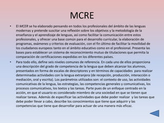 MCRE
•   El MCER se ha elaborado pensando en todos los profesionales del ámbito de las lenguas
    modernas y pretende suscitar una reflexión sobre los objetivos y la metodología de la
    enseñanza y el aprendizaje de lenguas, así como facilitar la comunicación entre estos
    profesionales, y ofrecer una base común para el desarrollo curricular, la elaboración de
    programas, exámenes y criterios de evaluación, con el fin último de facilitar la movilidad de
    los ciudadanos europeos tanto en el ámbito educativo como en el profesional. Presenta las
    bases para establecer un sistema de reconocimiento mutuo de titulaciones que permita la
    comparación de certificaciones expedidas en los diferentes países.
•   Para todo ello, define seis niveles comunes de referencia. En cada uno de ellos proporciona
    una descripción del grado de competencia de la lengua que deben alcanzar los alumnos,
    presentados en forma de escalas de descriptores y en términos de capacidades para realizar
    determinadas actividades con la lengua extranjera (de recepción, producción, interacción o
    mediación, oral y escrita). Los parámetros utilizados son: el contexto de uso, las actividades
    comunicativas de la lengua, las estrategias, las competencias generales y comunicativas, los
    procesos comunicativos, los textos y las tareas. Parte pues de un enfoque centrado en la
    acción, en que el usuario es considerado miembro de una sociedad en que se tienen que
    realizar tareas. Además de especificar las actividades que debe poder realizar y las tareas que
    debe poder llevar a cabo, describe los conocimientos que tiene que adquirir y las
    competencias que tiene que desarrollar para actuar de una manera más eficaz.
 