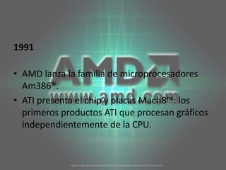 1991AMD lanza la familia de microprocesadores Am386®. ATI presenta el chip y placas Mach8™: los primeros productos ATI que procesan gráficos independientemente de la CPU. 