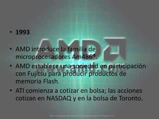 1993AMD introduce la familia de microprocesadores Am486®. AMD establece una sociedad en participación con Fujitsu para producir productos de memoria Flash. ATI comienza a cotizar en bolsa; las acciones cotizan en NASDAQ y en la bolsa de Toronto. 
