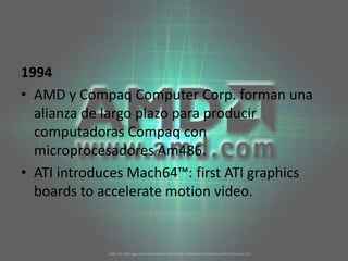 1994AMD y CompaqComputer Corp. forman una alianza de largo plazo para producir computadoras Compaq con microprocesadores Am486. ATI introduces Mach64™: first ATI graphicsboardstoacceleratemotion video. 