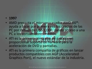 1997AMD presenta el microprocesador AMD-K6®: ayuda a bajar por primera vez los precios de las PC por debajo de U$S 1,000, dando acceso a una PC a los consumidores medios. ATI es la primera compañía de gráficos en proporcionar soporte de harware para la aceleración de DVD y pantallas. ATI es la primera compañía de gráficos en lanzar productos compatibles con AGP (AcceleratedGraphics Port), el nuevo estándar de la industria. 