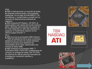 2009
■ AMD e Intel anuncian un acuerdo de todas
las disputas antimonopolio y de propiedad
intelectual, con el pago de Intel AMD $ 1,25
mil millones, y compromete a cumplir con un
conjunto de disposiciones prácticas de
negocios.
■ AMD presenta ATI Radeon HD 5970, la
tarjeta gráfica más rápida del mundo hasta la
fecha, diseñado para soportar los juegos de
PC más exigentes en ultra-alta resolución y
asegurar un rendimiento superior en los
últimos juegos DirectX 11.
2010
■ AMD anuncia el procesador AMD Opteron
™ 4000 de plataforma de la serie, la primera
plataforma de servidor de verdad diseñado
desde el principio para satisfacer las
necesidades de la nube, hiperescala y los
centros de datos SMB.
■ AMD presenta el procesador AMD ™
FireStream 9350 y 9370 GPU aceleradores de
cómputo, la entrega de hasta 2.64 TFLOPS
de potencia de cálculo para los mercados de
investigación comercial, científico y
académico.
 
