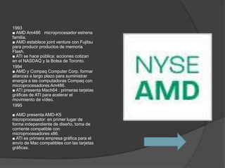 1993
■ AMD Am486 microprocesador estrena
familia.
■ AMD establece joint venture con Fujitsu
para producir productos de memoria
Flash.
■ ATI se hace pública; acciones cotizan
en el NASDAQ y la Bolsa de Toronto.
1994
■ AMD y Compaq Computer Corp. formar
alianzas a largo plazo para suministrar
energía a las computadoras Compaq con
microprocesadores Am486.
■ ATI presenta Mach64 : primeras tarjetas
gráficas de ATI para acelerar el
movimiento de vídeo.
1995

■ AMD presenta AMD-K5
microprocesador: en primer lugar de
forma independiente de diseño, toma de
corriente compatible con
microprocesadores x86.
■ ATI es primera empresa gráfica para el
envío de Mac compatibles con las tarjetas
gráficas.
 
