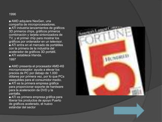1996

■ AMD adquiere NexGen, una
compañía de microprocesadores.
■ ATI industria lanzamientos de gráficos
3D primeros chips, gráficos primeros
combinación y tarjeta sintonizadora de
TV, y el primer chip para mostrar los
gráficos por ordenador en un televisor.
■ ATI entra en el mercado de portátiles
con la primera de la industria del
acelerador de gráficos 3D portátil.
■ ATI establece Irlanda.
1997

■ AMD presenta el procesador AMD-K6
microprocesador: ayuda a elevar los
precios de PC por debajo de 1.000
dólares por primera vez, por lo que PCs
asequibles para el consumidor medio.
■ ATI es la primera empresa gráfica
para proporcionar soporte de hardware
para la aceleración de DVD y la
pantalla.
■ ATI es primera empresa gráfica para
liberar los productos de apoyo Puerto
de gráficos acelerado, el nuevo
estándar del sector
 