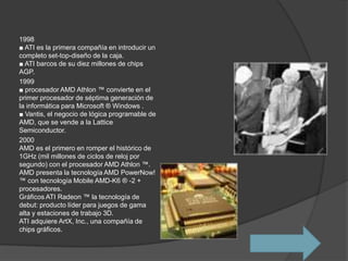 1998
■ ATI es la primera compañía en introducir un
completo set-top-diseño de la caja.
■ ATI barcos de su diez millones de chips
AGP.
1999
■ procesador AMD Athlon ™ convierte en el
primer procesador de séptima generación de
la informática para Microsoft ® Windows .
■ Vantis, el negocio de lógica programable de
AMD, que se vende a la Lattice
Semiconductor.
2000
AMD es el primero en romper el histórico de
1GHz (mil millones de ciclos de reloj por
segundo) con el procesador AMD Athlon ™.
AMD presenta la tecnología AMD PowerNow!
™ con tecnología Mobile AMD-K6 ® -2 +
procesadores.
Gráficos ATI Radeon ™ la tecnología de
debut: producto líder para juegos de gama
alta y estaciones de trabajo 3D.
ATI adquiere ArtX, Inc., una compañía de
chips gráficos.
 