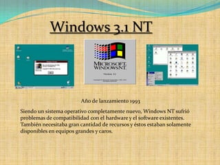 Windows 3.1 NTAño de lanzamiento 1993Siendo un sistema operativo completamente nuevo, Windows NT sufrió problemas de compatibilidad con el hardware y el software existentes. También necesitaba gran cantidad de recursos y éstos estaban solamente disponibles en equipos grandes y caros. 
