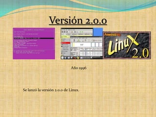 Versión 2.0.oAño 1996Se lanzó la versión 2.0.0 de Linux.