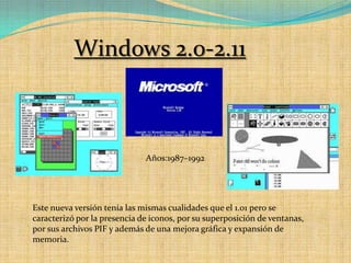 Windows 2.0-2.11Años:1987–1992Este nueva versión tenía las mismas cualidades que el 1.01 pero se caracterizó por la presencia de iconos, por su superposición de ventanas, por sus archivos PIF y además de una mejora gráfica y expansión de memoria.