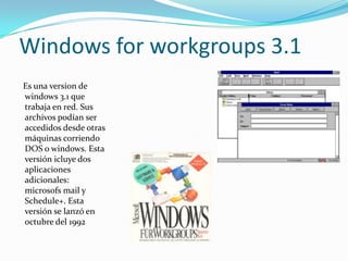 Windows for workgroups 3.1
Es una version de
windows 3.1 que
trabaja en red. Sus
archivos podían ser
accedidos desde otras
máquinas corriendo
DOS o windows. Esta
versión icluye dos
aplicaciones
adicionales:
microsofs mail y
Schedule+. Esta
versión se lanzó en
octubre del 1992
 