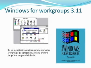 Windows for workgroups 3.11




 Es un significativa mejora para windows for
 worgroups 3.1 agregando acceso a archivo
 de 32 bits y capacidad de fax
 