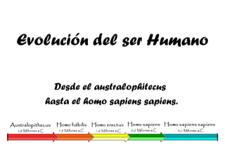 Evolución del ser Humano
Desde el australophitecus
hasta el homo sapiens sapiens.

 