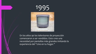 1995
En los años 90 los televisores de proyección
comenzaron a ser vendidos. Esto creo una
necesidad por pantallas más grandes imitando la
experiencia del “cine en tu hogar.”
 