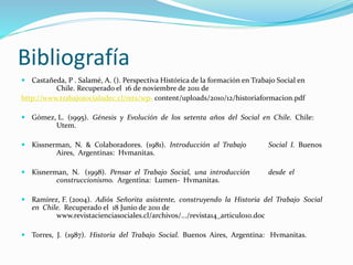 Bibliografía
 Quiroz, M. (2000). Apuntes para la historia del Trabajo Social. Recuperado el 16 de
noviembre de 2011 de ht...