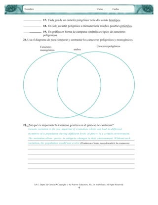 Nombre

Curso

Fecha

17. Cada gen de un carácter poligénico tiene dos o más fenotipos.
18. Un solo carácter poligénico a menudo tiene muchos posibles genotipos.
________ 19. Un gráfico en forma de campana simétrica es típico de caracteres
poligénicos.
______________
20. Usa el diagrama de para comparar y contrastar los caracteres poligénicos y monogénicos.
Caracteres
monogénicos

Caracteres poligénicos
ambos

21. ¿Por qué es importante la variación genética en el proceso de evolución?
Genetic variation is the raw material of evolution, which can lead to different
members of a population having different levels of fitness in a certain environment.
The variation allows species to adapt to changes in their environment. Without such
variation, the population would not evolve.(Traduzca el texto para descubrir la respuesta)

S.F.C. Depto. de Ciencias• Copyright © by Pearson Education, Inc., or its afﬁliates. All Rights Reserved.

4

 