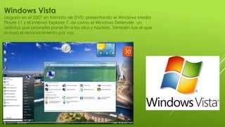Windows Vista
Llegaría en el 2007 en formato de DVD, presentando el Windows Media
Player 11 y el Internet Explorer 7, así como el Windows Defender, un
antivirus que prometía poner fin a los virus y hackers. También fue el que
incluyó el reconocimiento por voz.
 