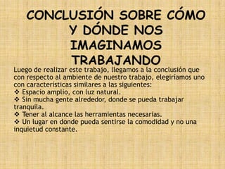 CONCLUSIÓN SOBRE CÓMO
        Y DÓNDE NOS
        IMAGINAMOS
        TRABAJANDO
Luego de realizar este trabajo, llegamos a la conclusión que
con respecto al ambiente de nuestro trabajo, elegiríamos uno
con características similares a las siguientes:
 Espacio amplio, con luz natural.
 Sin mucha gente alrededor, donde se pueda trabajar
tranquila.
 Tener al alcance las herramientas necesarias.
 Un lugar en donde pueda sentirse la comodidad y no una
inquietud constante.
 