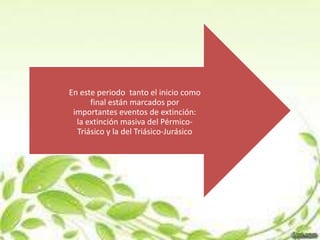 En este periodo tanto el inicio como
      final están marcados por
 importantes eventos de extinción:
  la extinción masiva del Pérmico-
  Triásico y la del Triásico-Jurásico
 