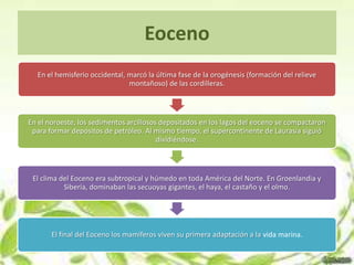 Eoceno
  En el hemisferio occidental, marcó la última fase de la orogénesis (formación del relieve
                               montañoso) de las cordilleras.



En el noroeste, los sedimentos arcillosos depositados en los lagos del eoceno se compactaron
 para formar depósitos de petróleo. Al mismo tiempo, el supercontinente de Laurasia siguió
                                         dividiéndose.



 El clima del Eoceno era subtropical y húmedo en toda América del Norte. En Groenlandia y
           Siberia, dominaban las secuoyas gigantes, el haya, el castaño y el olmo.




       El final del Eoceno los mamíferos viven su primera adaptación a la vida marina.
 