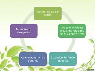 Corteza dividida en
                     placas



                                      Siguen movimiento
Movimientos
                                     angular de rotación /
divergentes
                                     eje fijo. Centro tierra




   Ocasionados por las    Expansión del fondo
        dorsales               oceanico
 