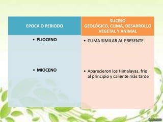 SUCESO
EPOCA O PERIODO   GEOLÓGICO, CLIMA, DESARROLLO
                       VEGETAL Y ANIMAL
  • PLIOCENO      • CLIMA SIMILAR AL PRESENTE




  • MIOCENO       • Aparecieron los Himalayas, frio
                    al principio y caliente más tarde
 