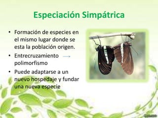 Especiación Simpátrica
• Formación de especies en
  el mismo lugar donde se
  esta la población origen.
• Entrecruzamiento
  polimorfismo
• Puede adaptarse a un
  nuevo hospedaje y fundar
  una nueva especie
 