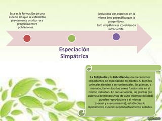 Esta es la formación de una                      Evoluciona dos especies en la
especie sin que se establezca                     misma área geográfica que la
  previamente una barrera                                 progenitora.
       geográfica entre                          La E simpátrica es considerada
        poblaciones.
                                                          infrecuente.




                                Especiación
                                Simpátrica


                                             La Poliploidía y la Hibridación son mecanismos
                                           importantes de especiación en plantas. Si bien los
                                            animales tienden a ser unisexuales, las plantas, a
                                             menudo, tienen los dos sexos funcionales en el
                                           mismo individuo. En consecuencia, las plantas (en
                                          ausencia de mecanismos de auto incompatibilidad)
                                                    pueden reproducirse a sí mismas
                                                 (sexual y asexualmente), estableciendo
                                          rápidamente especies reproductivamente aisladas.
 
